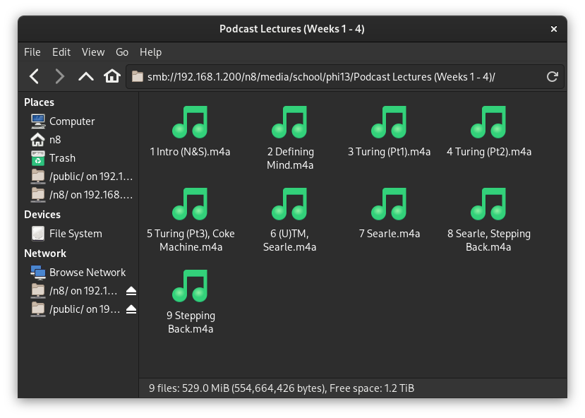 Audio lectures open on my laptop in the Thunar file manager.